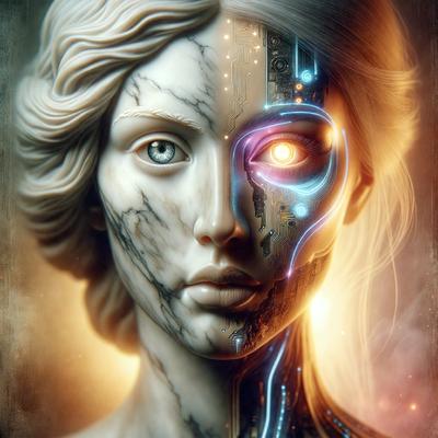 The primary subject of the image is a statue of a woman with a mix of human and robotic features. The statue is made of marble and has a blend of human and mechanical elements. The setting is a dark room, and the visual style is a combination of digital art and illustration. The colors and mood of the image are dark and mysterious, with a hint of futuristic and technological elements.